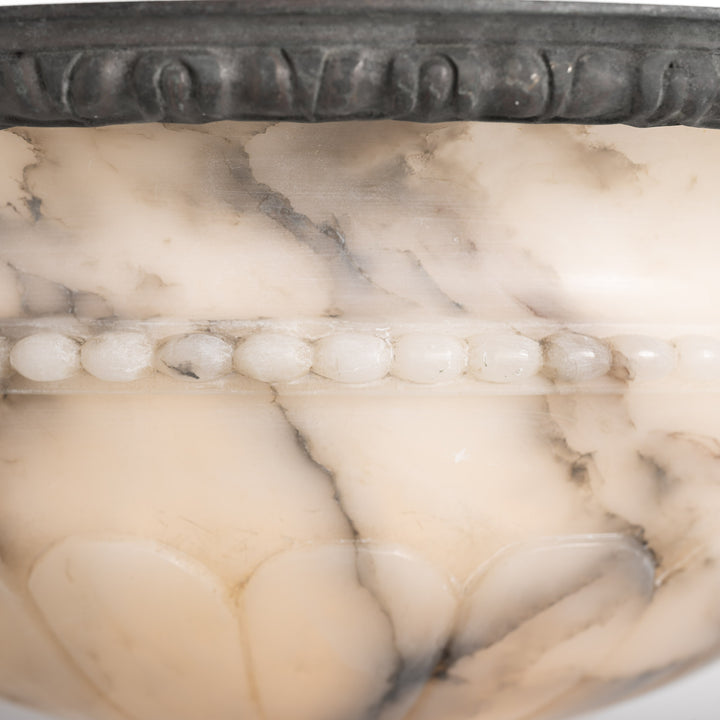 Antique Monumental Hand Carved Alabaster Plafonnier in Cast Bronze Ring