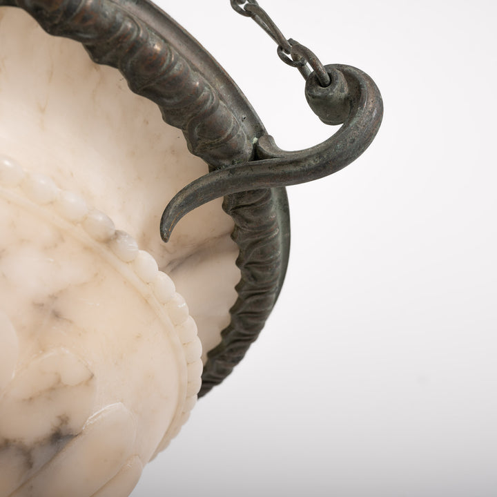 Antique Monumental Hand Carved Alabaster Plafonnier in Cast Bronze Ring