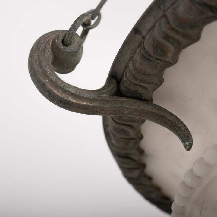 Antique Monumental Hand Carved Alabaster Plafonnier in Cast Bronze Ring