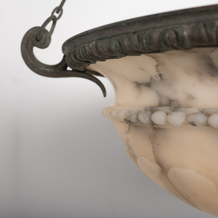 Antique Monumental Hand Carved Alabaster Plafonnier in Cast Bronze Ring